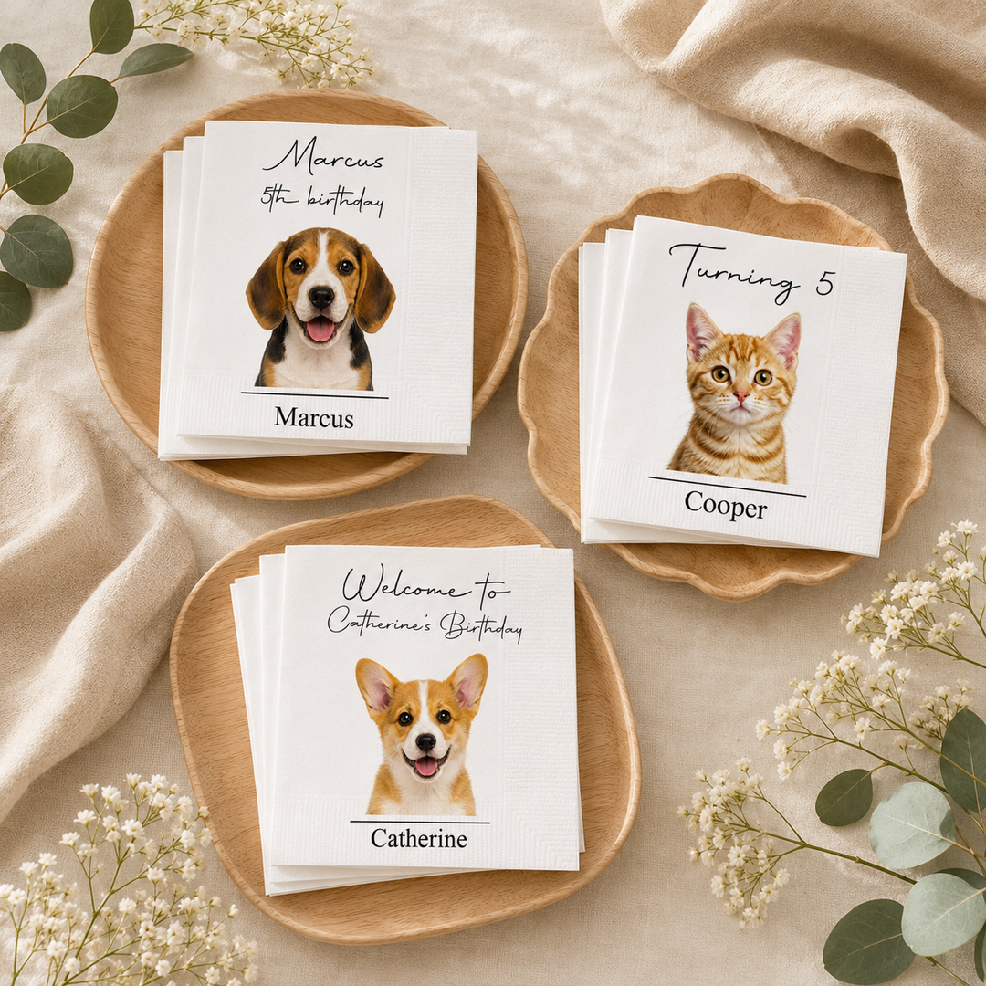 Personalized Pet Birthday Napkins, Custom Dog and Cat Cocktail Napkins, Personalized Pet Party Decor, Birthday Beverage Napkins