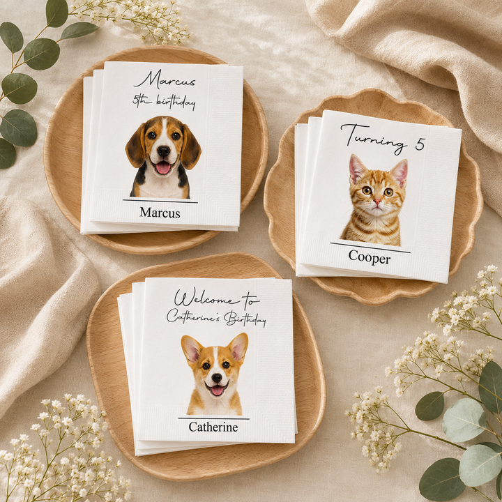 Personalized Pet Birthday Napkins, Custom Dog and Cat Cocktail Napkins, Personalized Pet Party Decor, Birthday Beverage Napkins