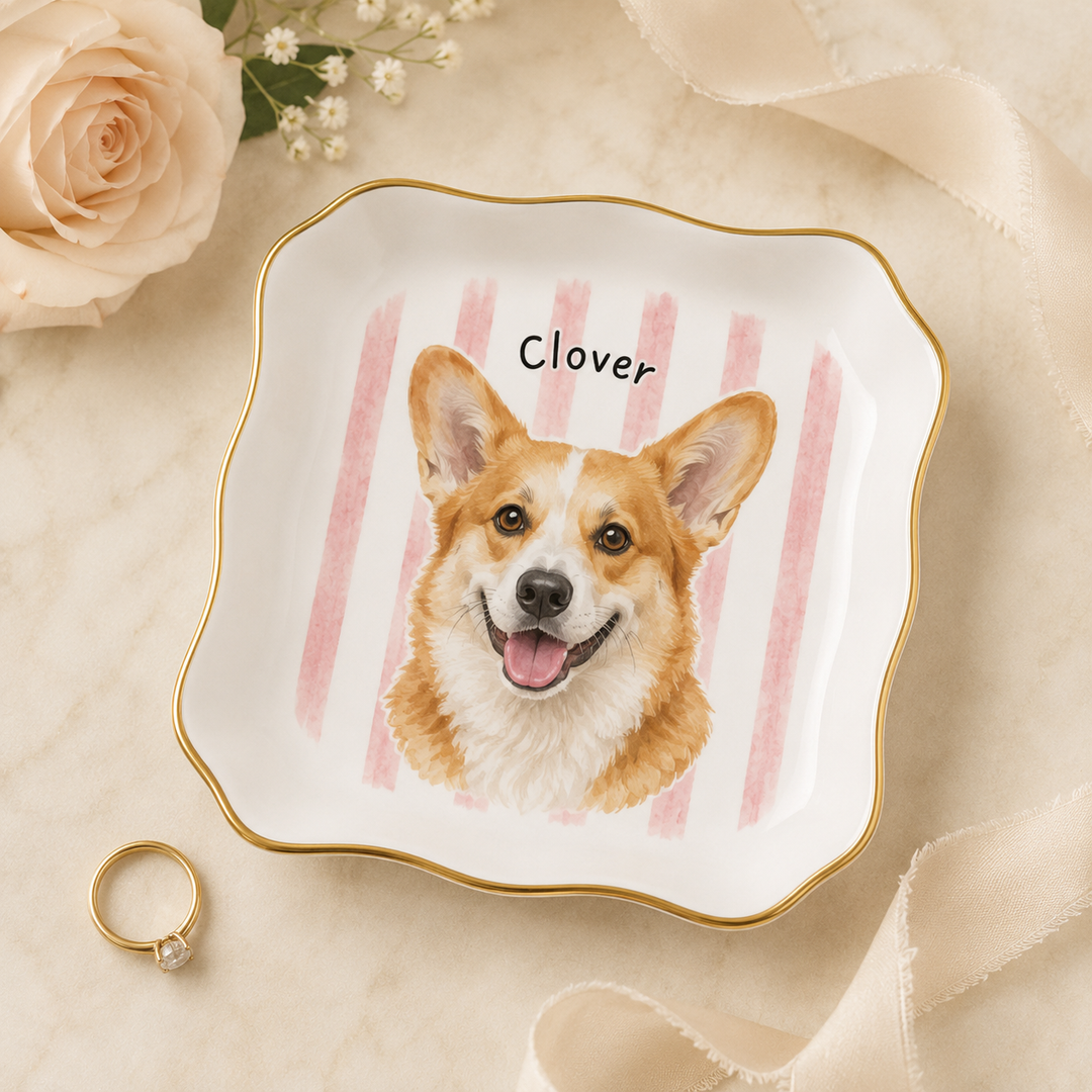 Personalized Pet Jewelry Dish, Custom Dog or Cat Ring Dish, Ceramic Trinket Tray with Pet Portrait and Name, Gift for Pet Lovers