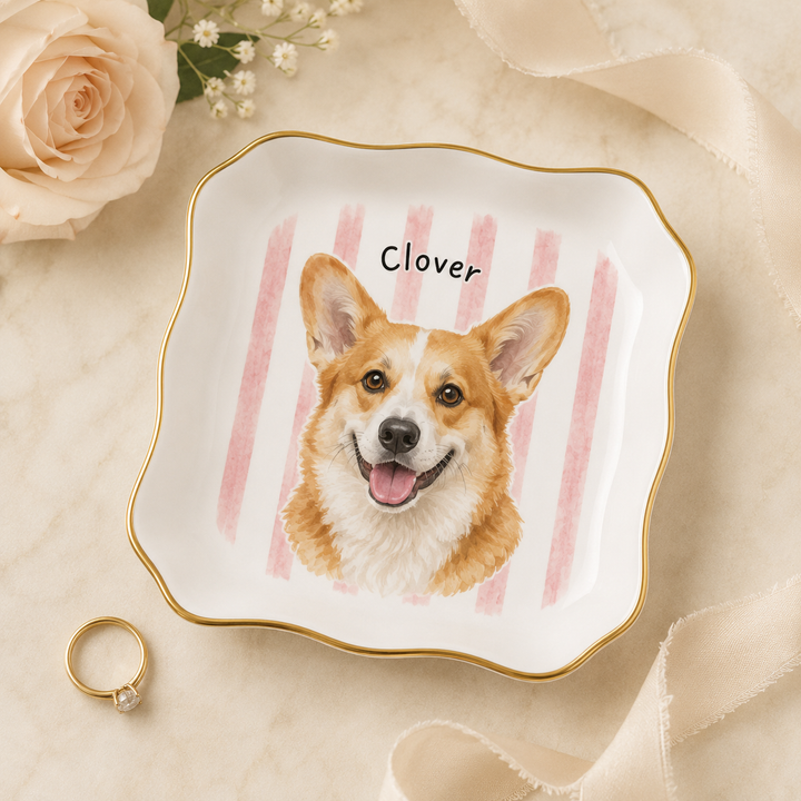 Personalized Pet Jewelry Dish, Custom Dog or Cat Ring Dish, Ceramic Trinket Tray with Pet Portrait and Name, Gift for Pet Lovers