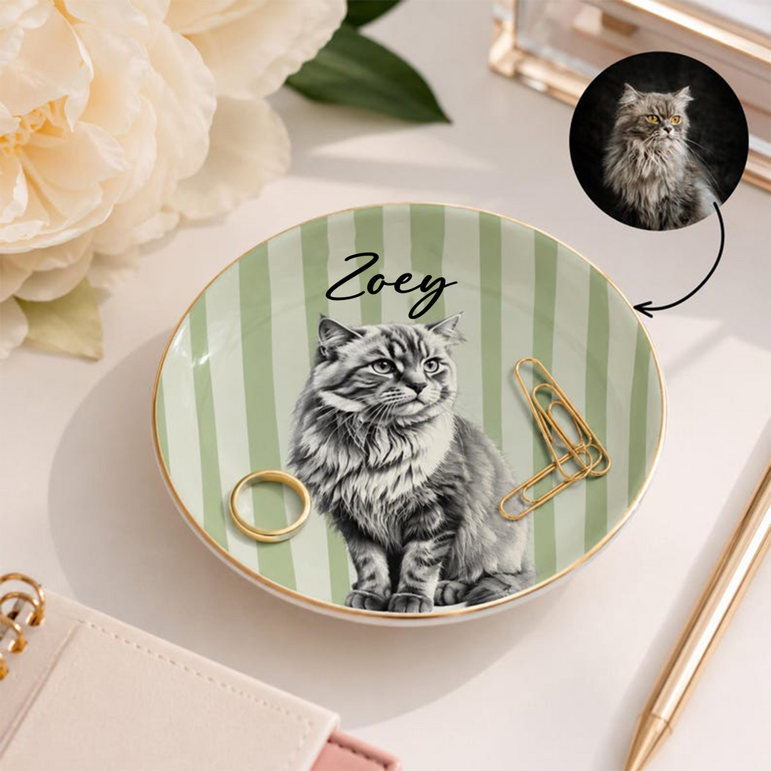 Personalized Pet Jewelry Dish, Custom Dog and Cat Trinket Tray with Pet Portrait and Name, Ceramic Ring Holder, Pet Memorial Gift