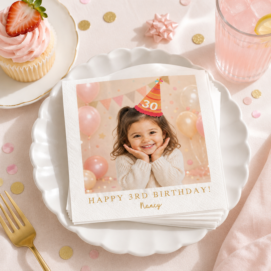 Personalized Birthday Napkins with Photo | Custom Cocktail Napkins with Text for Birthday Party Decor | Happy Birthday Napkins For All Ages