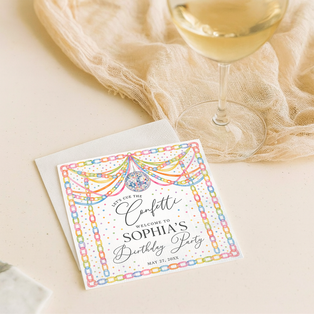 Personalized Birthday Party Napkins – Custom Confetti Cocktail Napkins with Name & Date, Disco Theme Party Decor