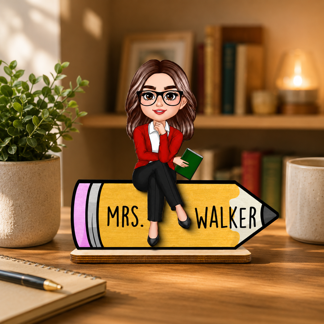 Personalized Teacher Wooden Plaque, Custom Teacher Appreciation Gift, Chibi Teacher Wooden Sign with Name, Classroom Desk Decor, Back to School Teacher Gift, Personalized Wooden Keepsake