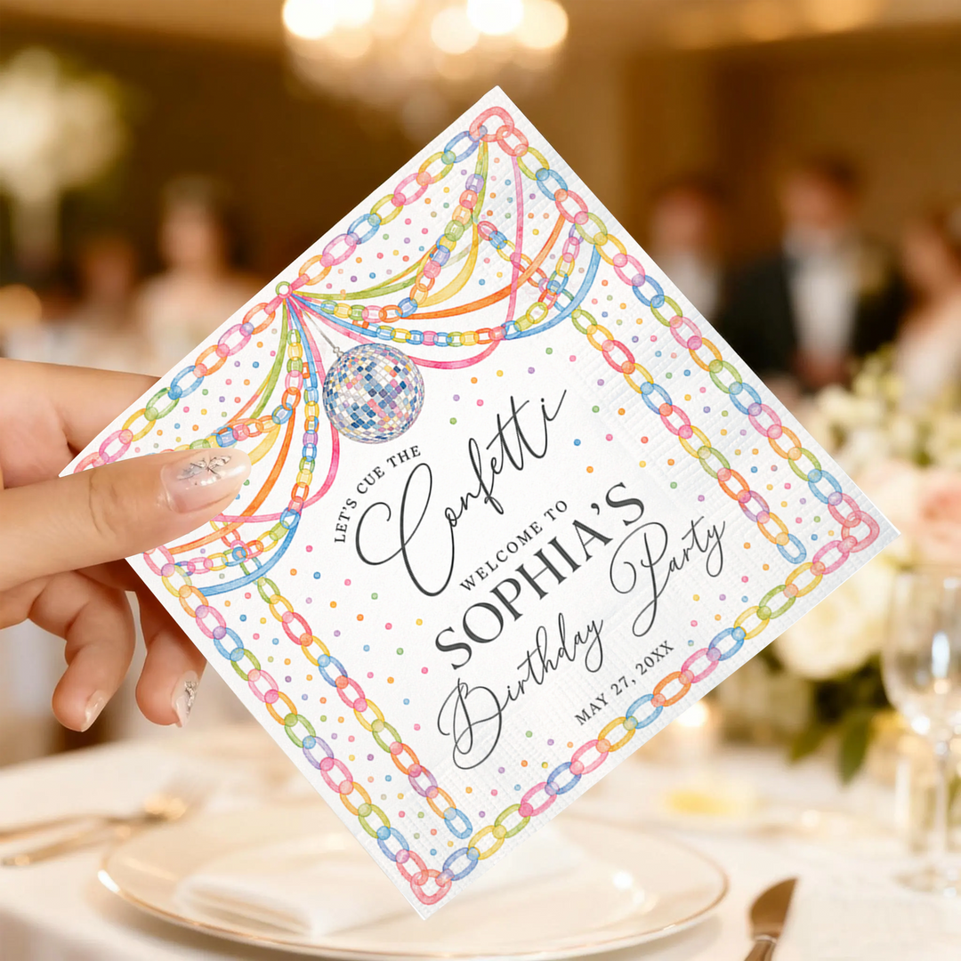 Personalized Birthday Party Napkins – Custom Confetti Cocktail Napkins with Name & Date, Disco Theme Party Decor