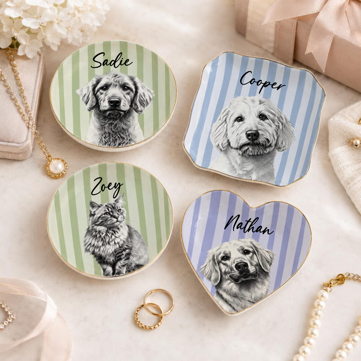 Personalized Pet Jewelry Dish, Custom Dog and Cat Trinket Tray with Pet Portrait and Name, Ceramic Ring Holder, Pet Memorial Gift