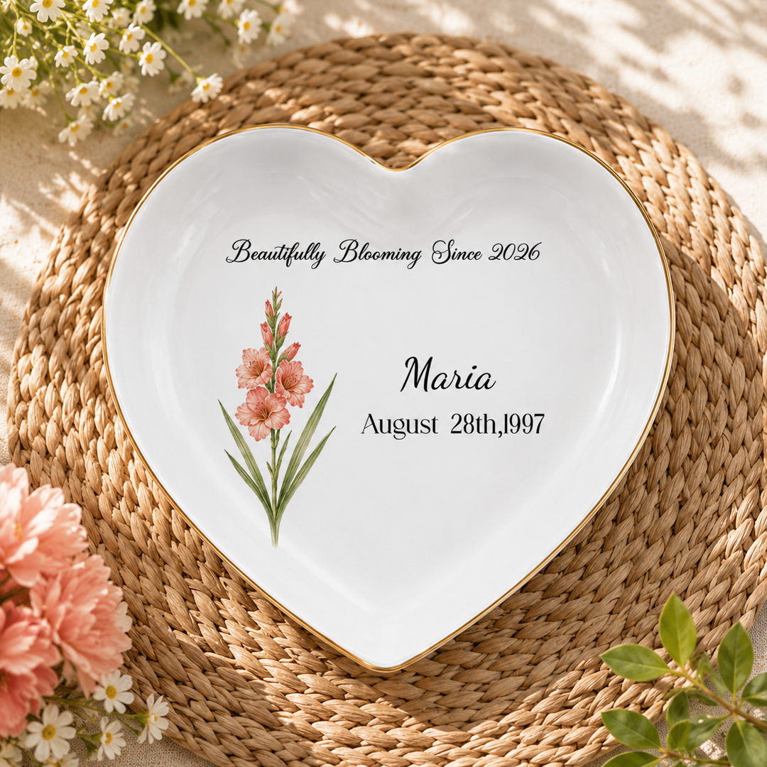 Personalized Birth Flower Ring Dish, Custom Name Jewelry Tray, Bridesmaid Gifts for her