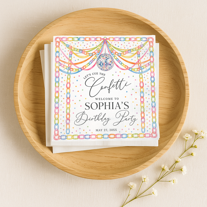 Personalized Birthday Party Napkins – Custom Confetti Cocktail Napkins with Name & Date, Disco Theme Party Decor