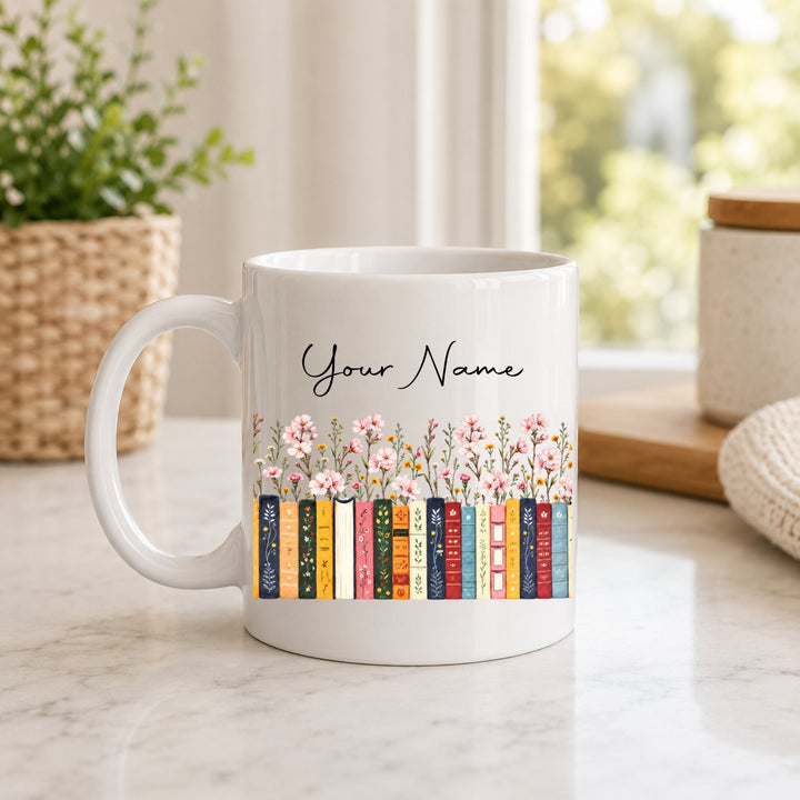 Custom Name & Birthflower Pottery Mug, Personalized Gift for Book Lovers, Book Clubs, Librarian Mug, Floral Reading Cup, Bookish Gift