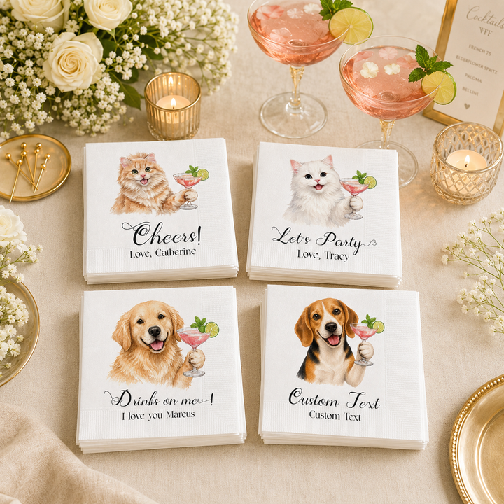 Personalized Pet Cocktail Napkins, Custom Dog & Cat Party Napkins, Personalized Beverage Napkins with Pet Portrait, Wedding, Birthday & Celebration Decor