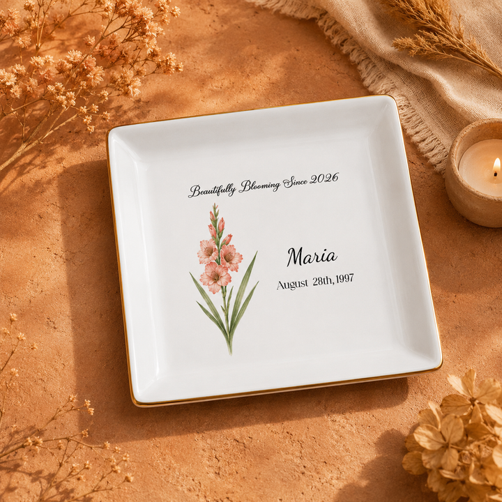 Personalized Birth Flower Ring Dish, Custom Name Jewelry Tray, Bridesmaid Gifts for her