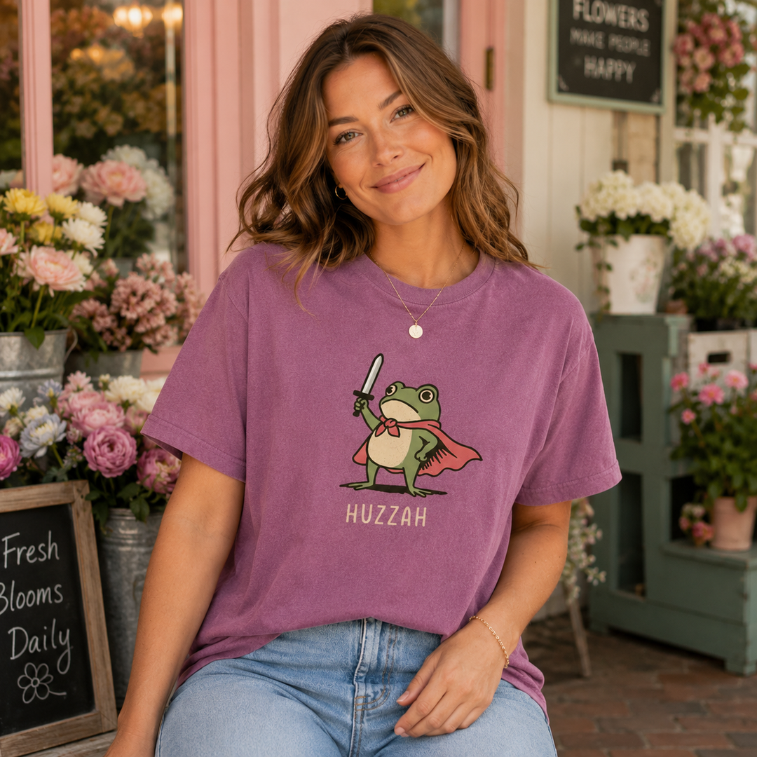 Comfort Colors Huzzah Frog with Sword Shirt, Medieval Frog Shirt, Funny Renaissance Faire Frog Gift, Whimsical Medieval, Frog Knight Shirt