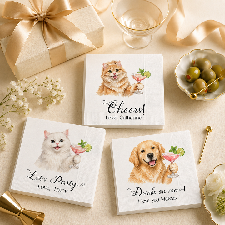 Personalized Pet Cocktail Napkins, Custom Dog & Cat Party Napkins, Personalized Beverage Napkins with Pet Portrait, Wedding, Birthday & Celebration Decor
