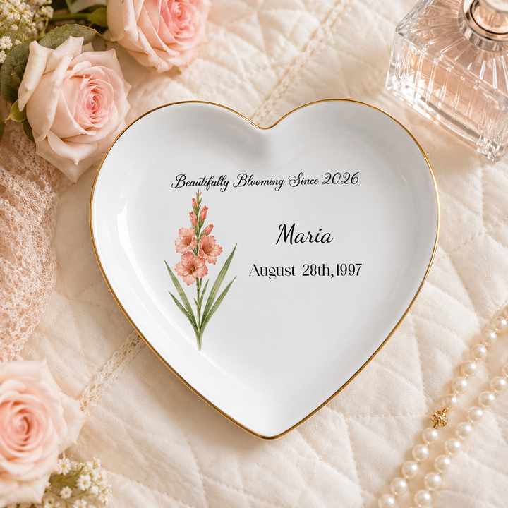 Personalized Birth Flower Ring Dish, Custom Name Jewelry Tray, Bridesmaid Gifts for her