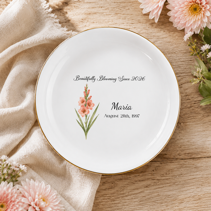 Personalized Birth Flower Ring Dish, Custom Name Jewelry Tray, Bridesmaid Gifts for her