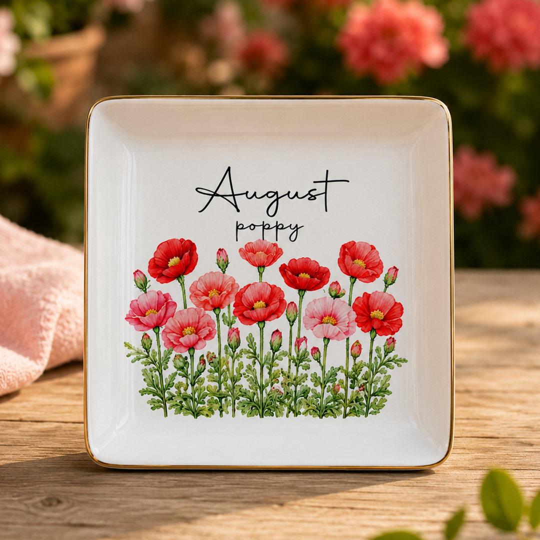 Personalized Watercolor Birth Month Flower Ring Trinket Dish | Birthday Jewelry Dish | Wedding Bridesmaid Gift