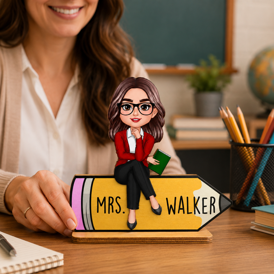 Personalized Teacher Wooden Plaque, Custom Teacher Appreciation Gift, Chibi Teacher Wooden Sign with Name, Classroom Desk Decor, Back to School Teacher Gift, Personalized Wooden Keepsake