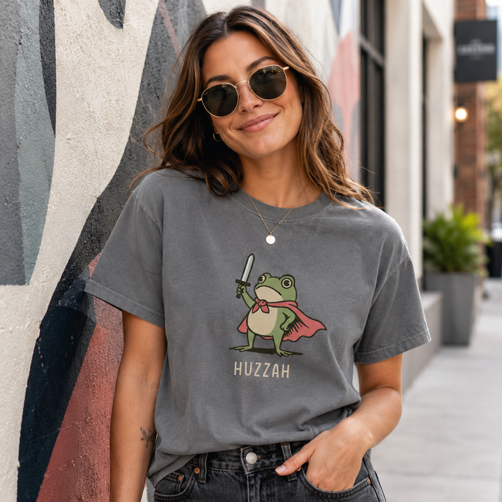Comfort Colors Huzzah Frog with Sword Shirt, Medieval Frog Shirt, Funny Renaissance Faire Frog Gift, Whimsical Medieval, Frog Knight Shirt