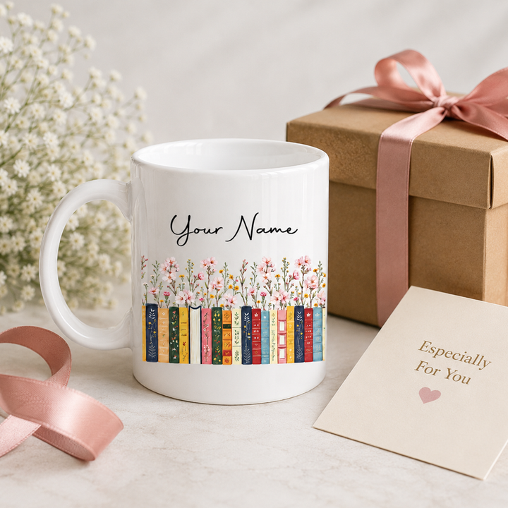 Custom Name & Birthflower Pottery Mug, Personalized Gift for Book Lovers, Book Clubs, Librarian Mug, Floral Reading Cup, Bookish Gift