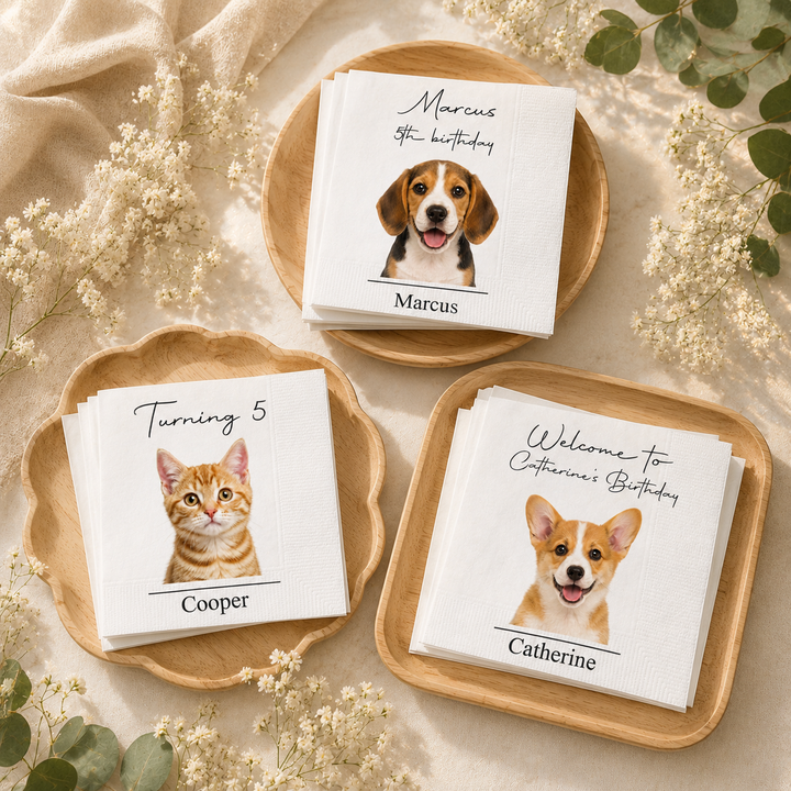 Personalized Pet Birthday Napkins, Custom Dog and Cat Cocktail Napkins, Personalized Pet Party Decor, Birthday Beverage Napkins