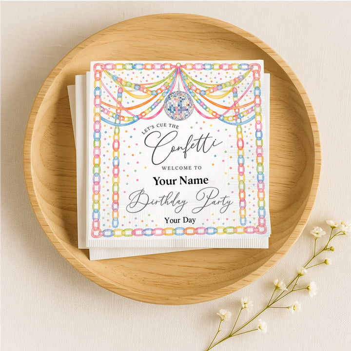 Personalized Birthday Party Napkins – Custom Confetti Cocktail Napkins with Name & Date, Disco Theme Party Decor