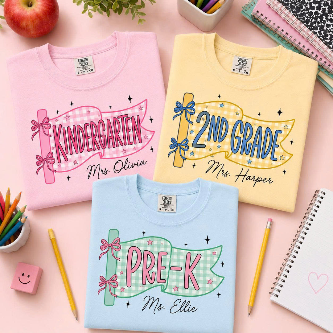 Comfort Colors Custom Grade & Name Teacher Shirt, Pennant Flag Teacher Tee, Teacher Team Shirt, First Second Third Fourth Fifth Grade Shirt