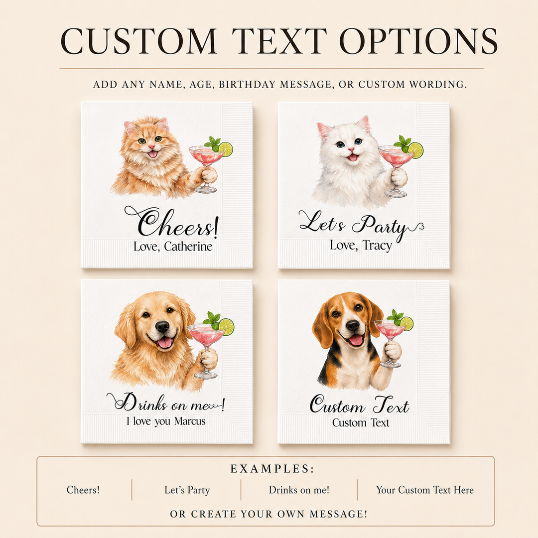 Personalized Pet Cocktail Napkins, Custom Dog & Cat Party Napkins, Personalized Beverage Napkins with Pet Portrait, Wedding, Birthday & Celebration Decor