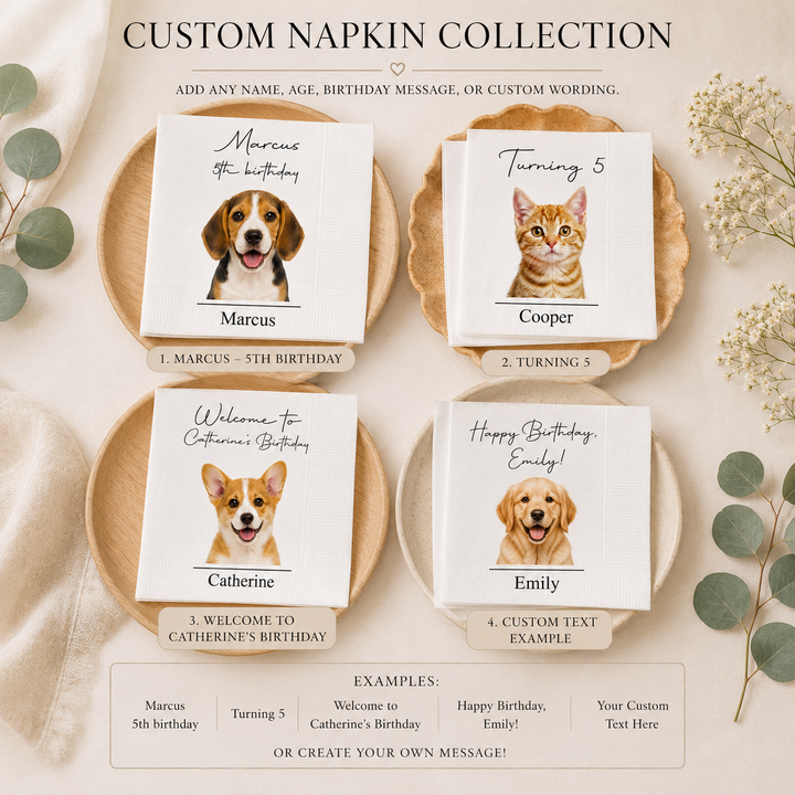 Personalized Pet Birthday Napkins, Custom Dog and Cat Cocktail Napkins, Personalized Pet Party Decor, Birthday Beverage Napkins