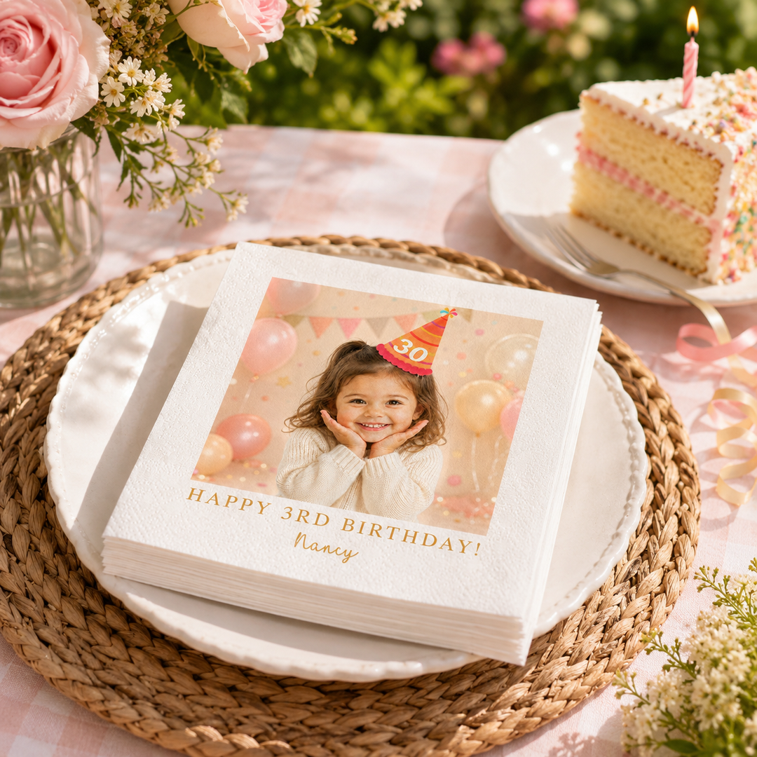 Personalized Birthday Napkins with Photo | Custom Cocktail Napkins with Text for Birthday Party Decor | Happy Birthday Napkins For All Ages
