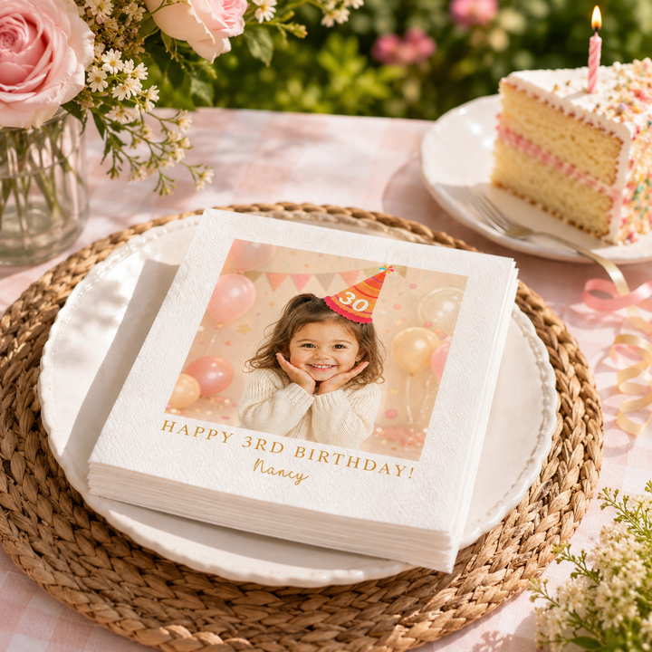 Personalized Birthday Napkins with Photo | Custom Cocktail Napkins with Text for Birthday Party Decor | Happy Birthday Napkins For All Ages