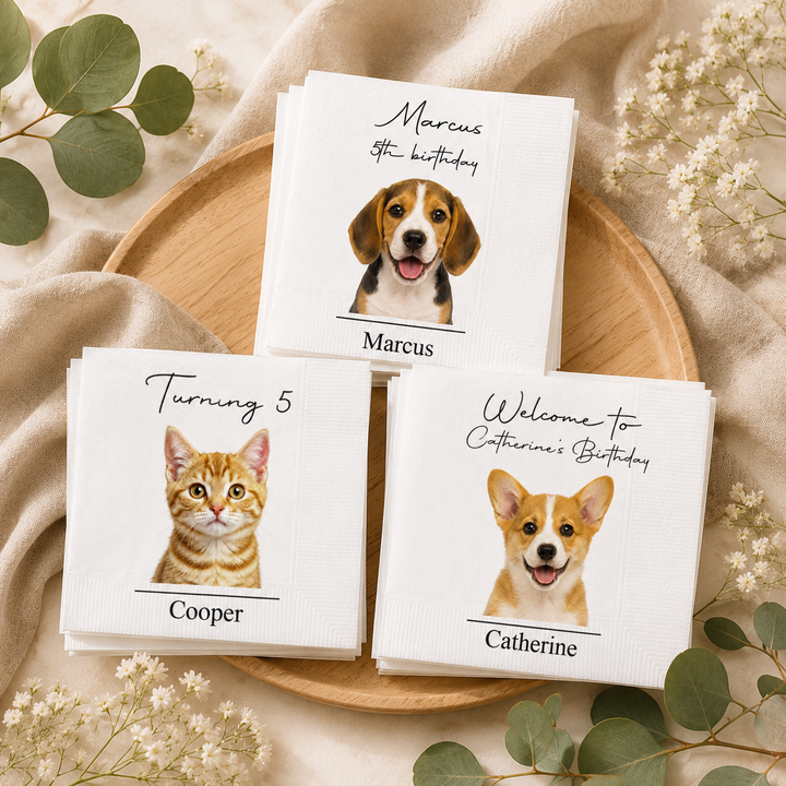 Personalized Pet Birthday Napkins, Custom Dog and Cat Cocktail Napkins, Personalized Pet Party Decor, Birthday Beverage Napkins