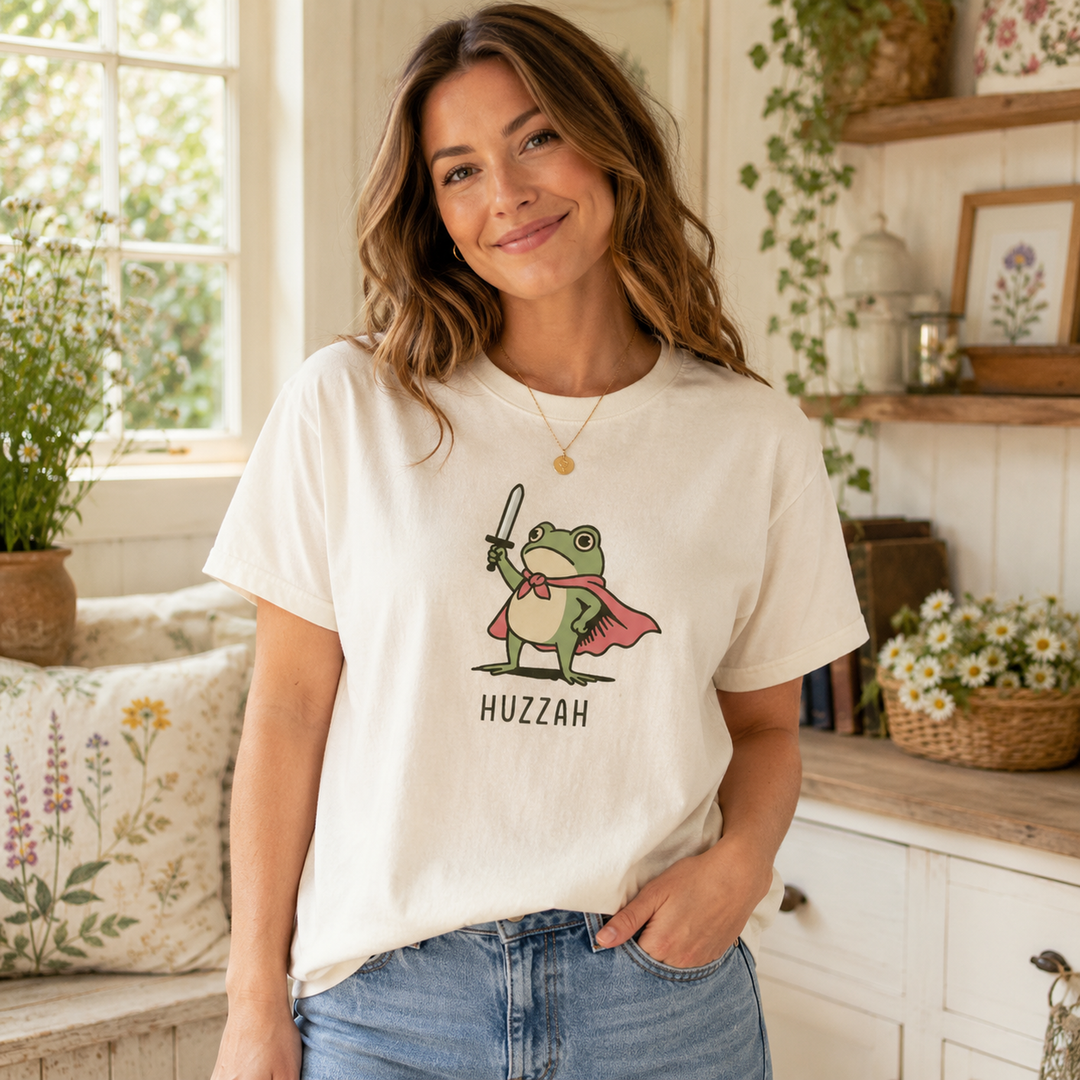 Comfort Colors Huzzah Frog with Sword Shirt, Medieval Frog Shirt, Funny Renaissance Faire Frog Gift, Whimsical Medieval, Frog Knight Shirt