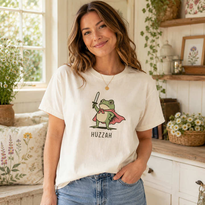 Comfort Colors Huzzah Frog with Sword Shirt, Medieval Frog Shirt, Funny Renaissance Faire Frog Gift, Whimsical Medieval, Frog Knight Shirt