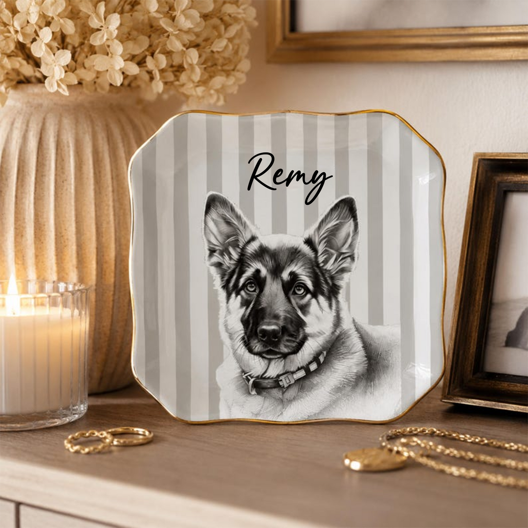 Personalized Pet Jewelry Dish, Custom Dog and Cat Trinket Tray with Pet Portrait and Name, Ceramic Ring Holder, Pet Memorial Gift