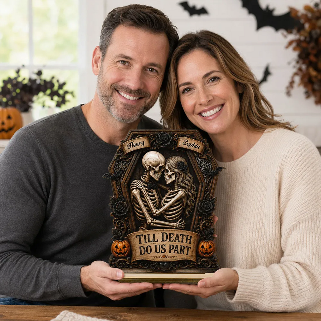 Till Death Do Us Part Skeleton Couple In Coffin 2D Flat - Personalized 2-Layered Wooden Plaque - Halloween Decor For Couple