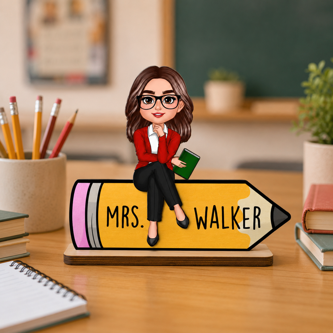 Personalized Teacher Wooden Plaque, Custom Teacher Appreciation Gift, Chibi Teacher Wooden Sign with Name, Classroom Desk Decor, Back to School Teacher Gift, Personalized Wooden Keepsake