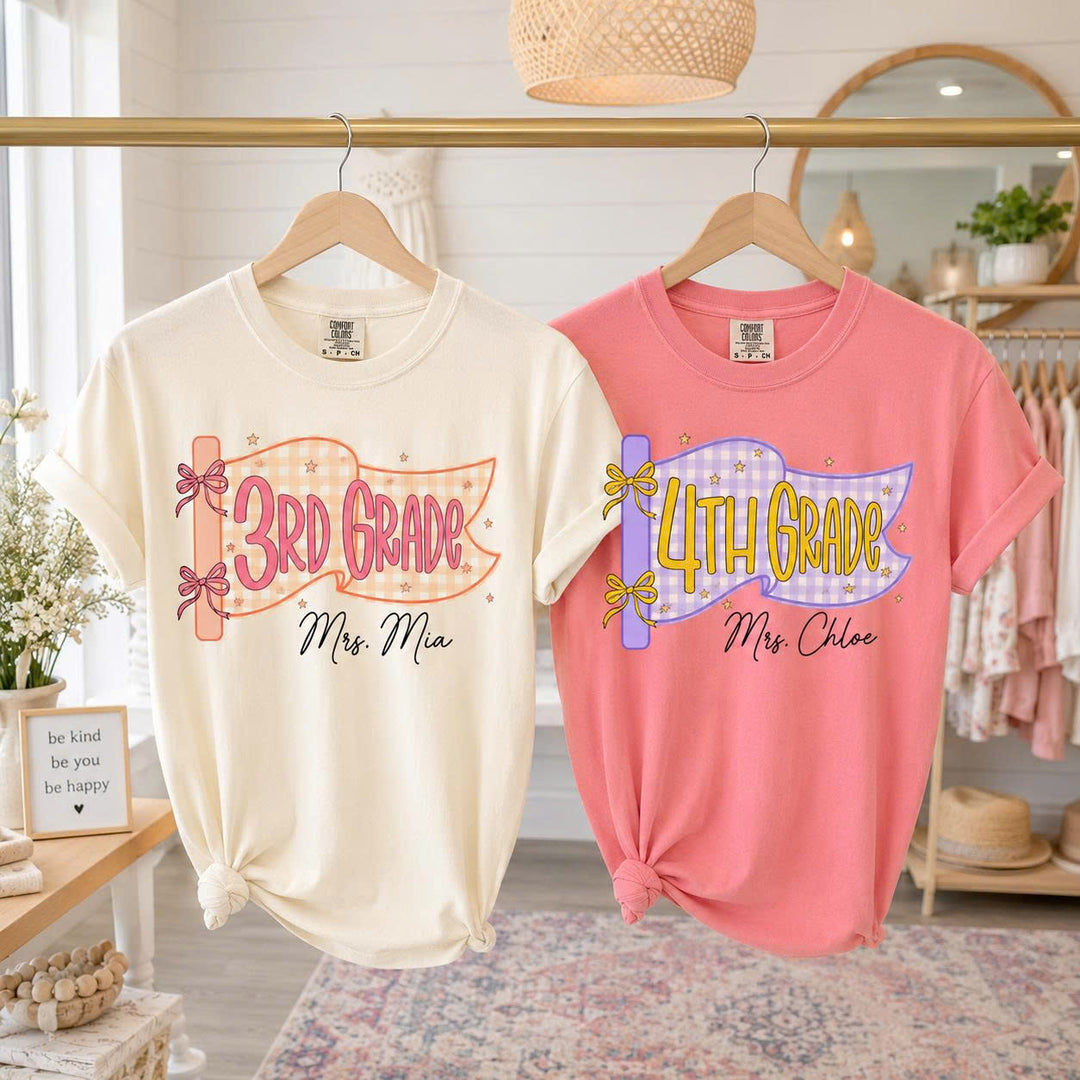 Comfort Colors Custom Grade & Name Teacher Shirt, Pennant Flag Teacher Tee, Teacher Team Shirt, First Second Third Fourth Fifth Grade Shirt