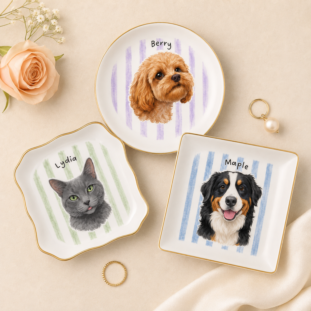 Personalized Pet Jewelry Dish, Custom Dog or Cat Ring Dish, Ceramic Trinket Tray with Pet Portrait and Name, Gift for Pet Lovers