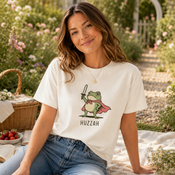Comfort Colors Huzzah Frog with Sword Shirt, Medieval Frog Shirt, Funny Renaissance Faire Frog Gift, Whimsical Medieval, Frog Knight Shirt