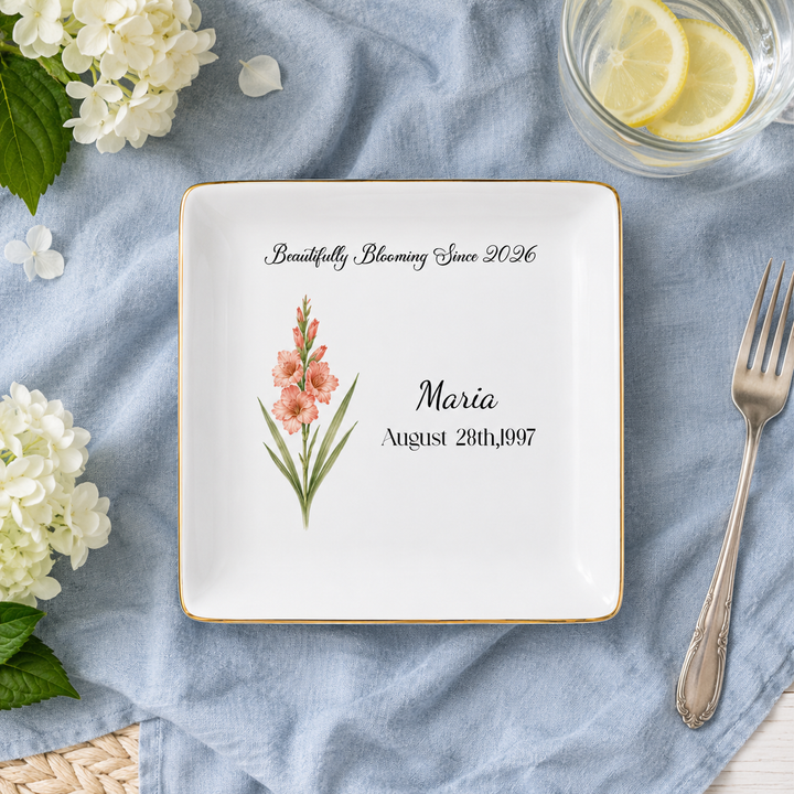 Personalized Birth Flower Ring Dish, Custom Name Jewelry Tray, Bridesmaid Gifts for her