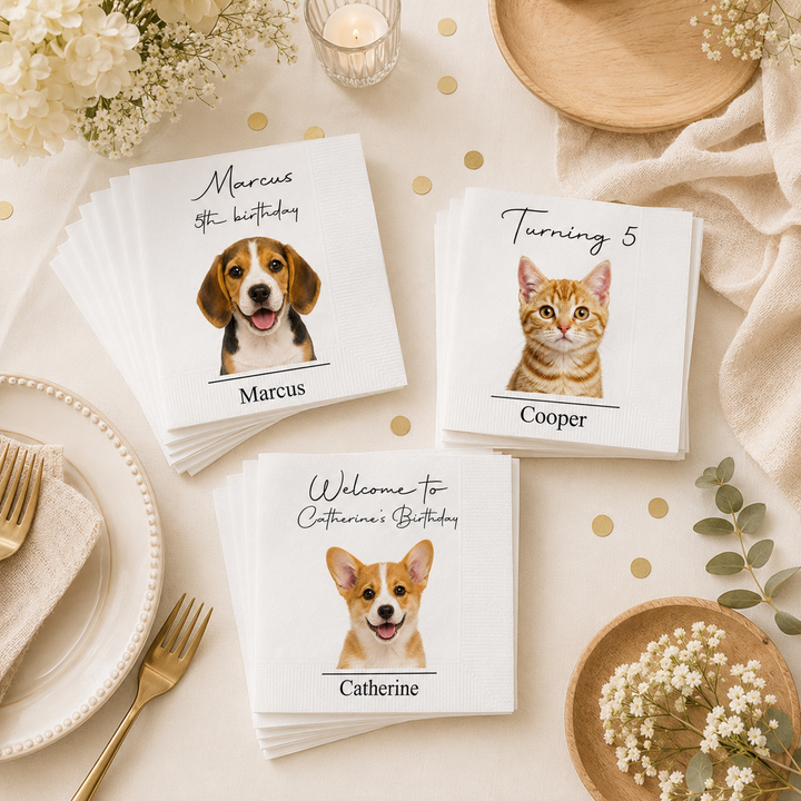 Personalized Pet Birthday Napkins, Custom Dog and Cat Cocktail Napkins, Personalized Pet Party Decor, Birthday Beverage Napkins