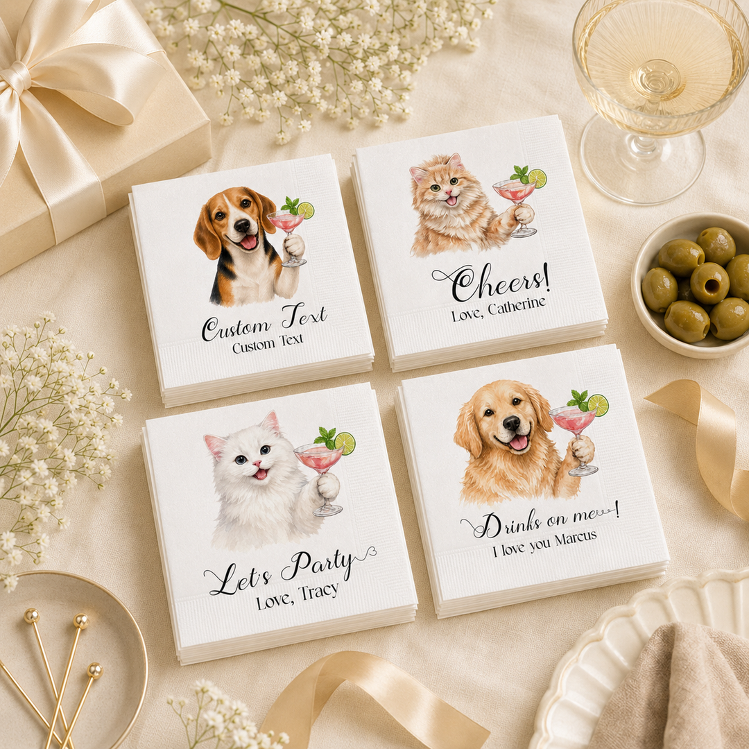 Personalized Pet Cocktail Napkins, Custom Dog & Cat Party Napkins, Personalized Beverage Napkins with Pet Portrait, Wedding, Birthday & Celebration Decor