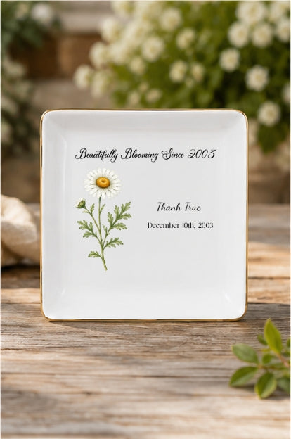 Personalized Birth Flower Ring Dish, Custom Name Jewelry Tray, Bridesmaid Gifts for her