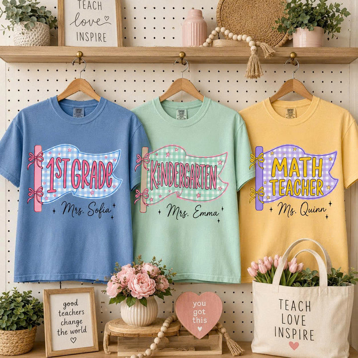 Comfort Colors Custom Grade & Name Teacher Shirt, Pennant Flag Teacher Tee, Teacher Team Shirt, First Second Third Fourth Fifth Grade Shirt