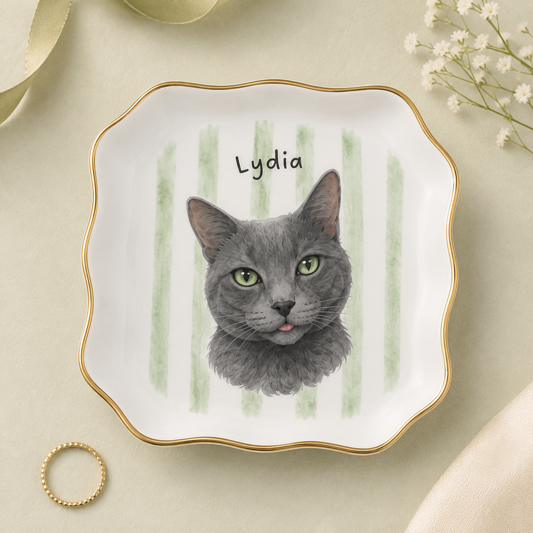 Personalized Pet Jewelry Dish, Custom Dog or Cat Ring Dish, Ceramic Trinket Tray with Pet Portrait and Name, Gift for Pet Lovers