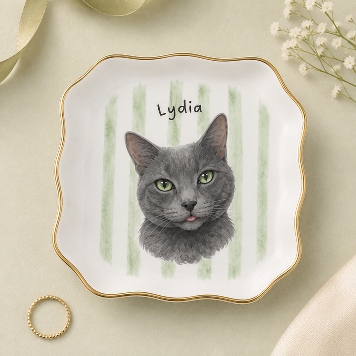 Personalized Pet Jewelry Dish, Custom Dog or Cat Ring Dish, Ceramic Trinket Tray with Pet Portrait and Name, Gift for Pet Lovers