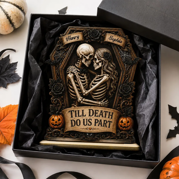 Till Death Do Us Part Skeleton Couple In Coffin 2D Flat - Personalized 2-Layered Wooden Plaque - Halloween Decor For Couple