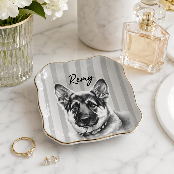 Personalized Pet Jewelry Dish, Custom Dog and Cat Trinket Tray with Pet Portrait and Name, Ceramic Ring Holder, Pet Memorial Gift