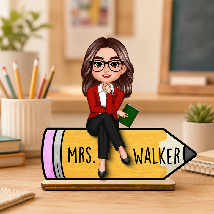 Personalized Teacher Wooden Plaque, Custom Teacher Appreciation Gift, Chibi Teacher Wooden Sign with Name, Classroom Desk Decor, Back to School Teacher Gift, Personalized Wooden Keepsake