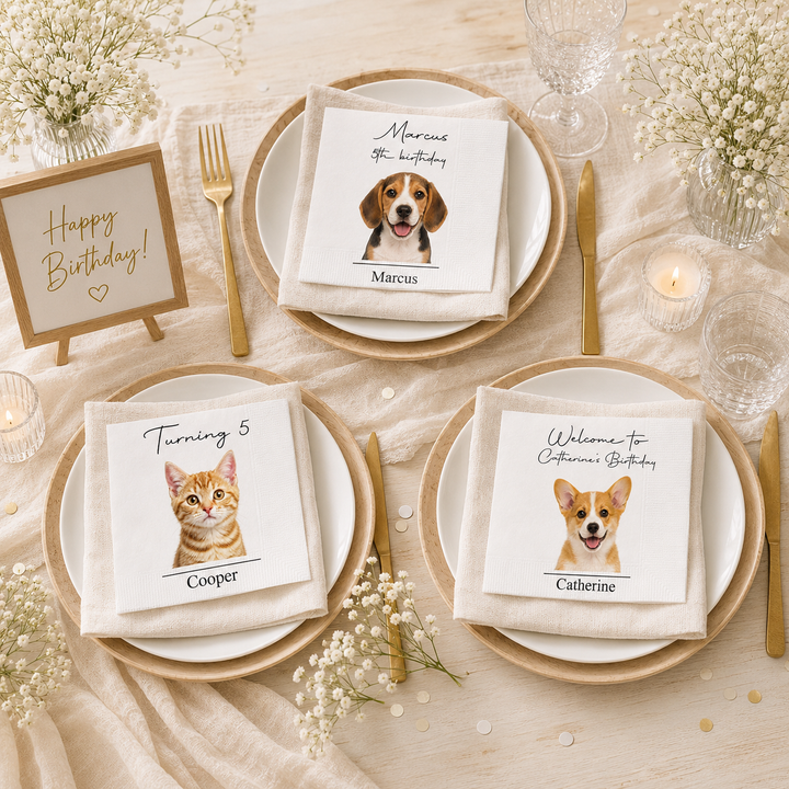 Personalized Pet Birthday Napkins, Custom Dog and Cat Cocktail Napkins, Personalized Pet Party Decor, Birthday Beverage Napkins